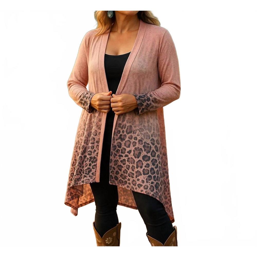 NEW VOCAL APPAREL animal print open front knit cardigan in apricot